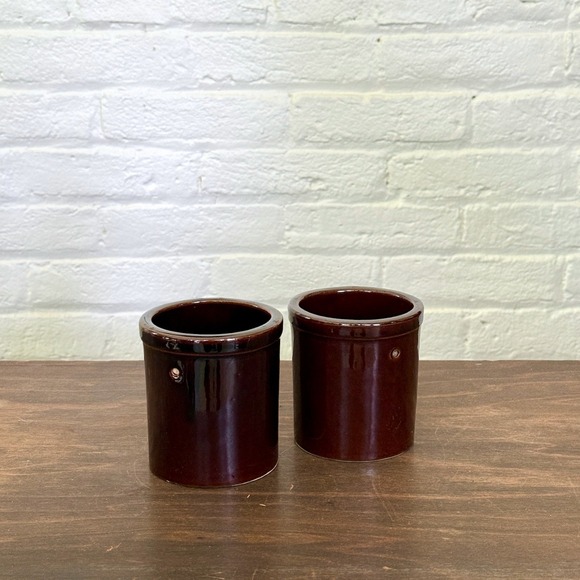 Unbranded Other - Vintage Brown Glazed Stoneware Crocks Set of 2 Primitive Pottery Jars